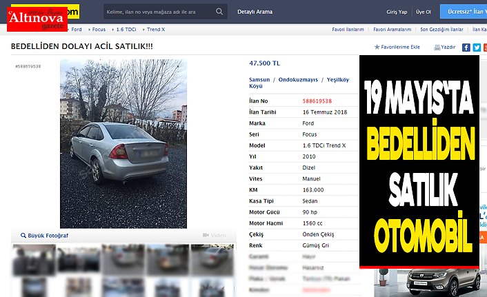 19 Mayıs`ta bedelliden satılık otomobil
