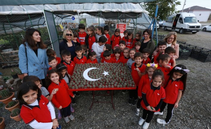 İlkokul öğrencilerinden kaktüslerden Türk bayrağı