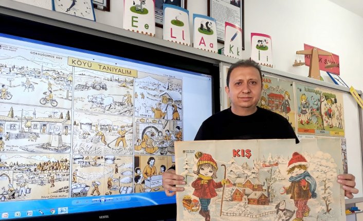 Çorum'da bir sınıf öğretmeni öğrencilerine günlük hayatı nostaljik ders afişleriyle anlatıyor
