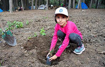 Çorum'da belediyenin kampına katılan babalar ve çocuklar fidan dikti