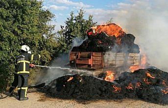 Amasya’da saman yüklü römork yandı