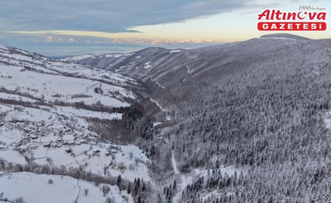 Alaçam'da karla kaplanan ormanlar dronla görüntülendi